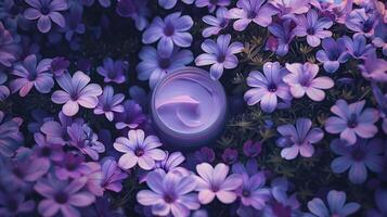 ein Sahne Flasche auf ein Blume Bett voll von dunkler und Licht lila Blumen. foto