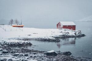 rot rorbu Haus im Winter, Lofoten Inseln, Norwegen foto