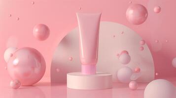 ein Rosa Pastell- Hintergrund mit Kugeln und Röhren zum ein kosmetisch Attrappe, Lehrmodell, Simulation. foto