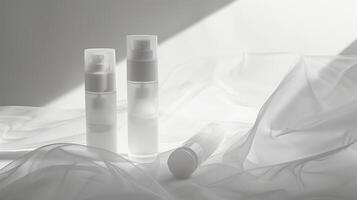 minimalistisch Hautpflege im Weiß und transparent Plastik Flaschen umgeben durch nebelig. foto