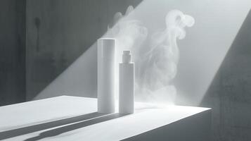 minimalistisch Hautpflege im Weiß und transparent Plastik Flaschen umgeben durch nebelig. foto
