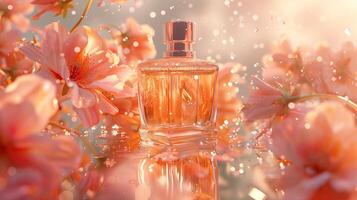 ein Flasche von Parfüm umgeben durch Blühen Blumen. foto