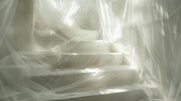 Weiß Leinen- Stoff drapiert Über ein Weiß Treppe. foto