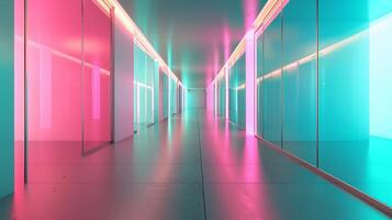 ein lange Gang mit Glas Wände, Blau und Rosa Neon- Licht, futuristisch die Architektur. foto