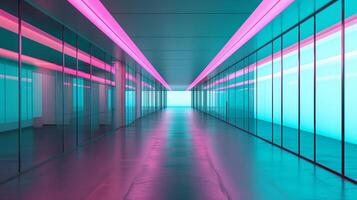 ein lange Gang mit Glas Wände, Blau und Rosa Neon- Licht, futuristisch die Architektur. foto