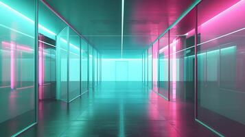 ein lange Gang mit Glas Wände, Blau und Rosa Neon- Licht, futuristisch die Architektur. foto