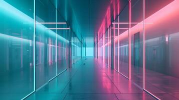 ein lange Gang mit Glas Wände, Blau und Rosa Neon- Licht, futuristisch die Architektur. foto