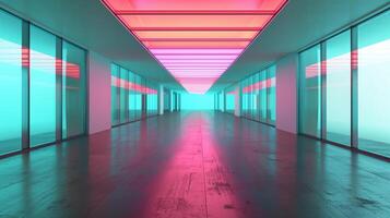 ein lange Gang mit Glas Wände, Blau und Rosa Neon- Licht, futuristisch die Architektur. foto