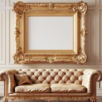 ein Jahrgang, Antiquität Rahmen mit kompliziert Gold Detaillierung hängt auf das Mauer über ein Plüsch Samt Sofa. foto