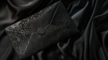 ein luxuriös schwarz Briefumschlag Lügen auf ein reich texturiert Satin- Stoff Hintergrund. foto