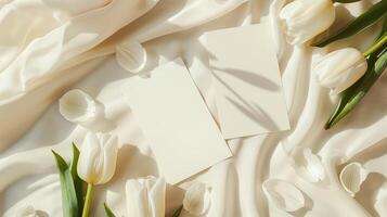 zwei Weiß Postkarten mit klein Weiß Tulpen und Blume Blütenblätter um auf ein baige Hintergrund. foto