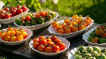 ein Vielfalt von klein Tomaten sind angezeigt auf ein hölzern Tisch. foto