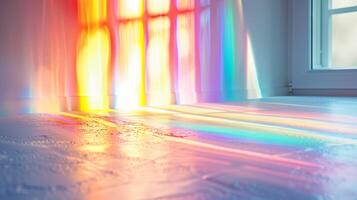 Makro Detail von Regenbogen Licht Strahlen auf ein Weiß Mauer. foto