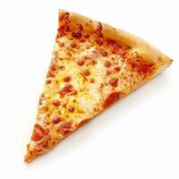 Pizza Scheibe isoliert auf Weiß Hintergrund, online Lieferung von Pizzeria, nehmen Weg und schnell Essen foto