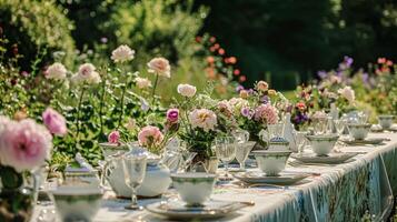 Garten Party Tischlandschaft, Eleganz mit Blumen- Tabelle Dekor foto