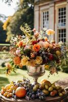 Land Leben, Obst Garten und Blumen- Dekor, herbstlich Blumen und Herbst Obst Ernte Feier, Land Hütte Stil, foto