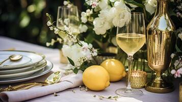 Hochzeit oder formal Abendessen Urlaub Feier Tischlandschaft mit Zitronen und Blumen im das Englisch Landschaft Garten Zitrone Baum, Zuhause Styling foto