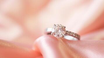 Schmuck, Vorschlag und Urlaub Geschenk, Diamant Engagement Ring auf Rosa Seide Stoff, Symbol von Liebe, Romantik und Engagement foto