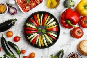 bunt Sortiment von frisch Zutaten bereit zum Gourmet Ratatouille auf ein schick Weiß Marmor Tabelle foto