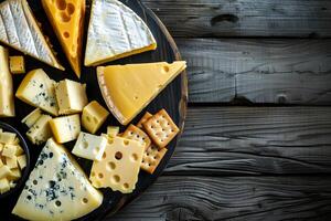 Scheiben von Käse auf Platten Brie, Blau, Gorgonzola, Parmesan, Cheddar und maasdam auf ein schwarz hölzern Hintergrund. kostenlos Kopieren Raum. oben Sicht. traditionell Familie Käse Fabrik oder Geschäft foto