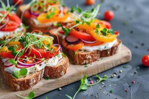 organisch Toast mit Microgreens und Gemüse auf das Holz Tisch. Sandwich mit Bruschetta, Tomate, Paprika. gesund Essen, vegan Essen und Diät Konzept. foto