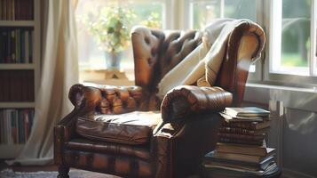 klassisch Leder Verein Stuhl durch ein Fenster mit gemischt Sanft Sonnenlicht und Weiß Licht leuchten ein Seite Tabelle mit Bücher, Erstellen ein elegant und still lesen Winkel foto