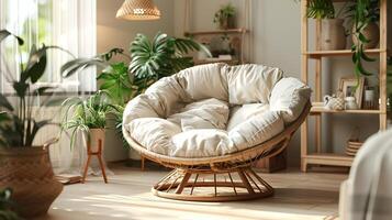 Boho Stil Leben Raum mit ein komfortabel Papasan Stuhl umgeben durch Grün und verbessert durch natürlich, Sanft Beleuchtung zum ein still Stimmung foto