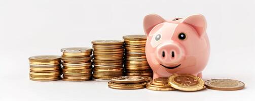 Schweinchen Bank mit Münze Stapel auf Weiß Hintergrund, Darstellen Konzepte von persönlich Finanzen, Investition, und Speichern zum Zukunft foto