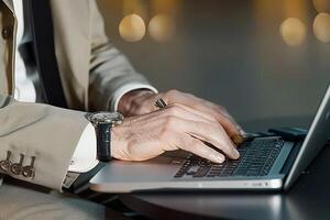 fleißig Geschäftsmann vertieft im Arbeit beim seine Laptop während ein beschäftigt Büro Stunde foto