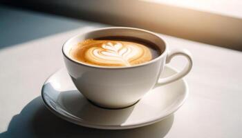 Morgen Kaffee. ein Weiß Tasse gefüllt mit dämpfen Kaffee ruht auf ein sauber Weiß Tisch, Gießen ein subtil Schatten. Erstellen ein heiter Morgen Szene. foto