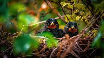 beobachten ein Rotamsel Nest mit Küken inmitten üppig Vegetation foto