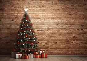 Weihnachten Baum Kiefer Dekor die Geschenke Zuhause Winter interrier. generativ ai. foto