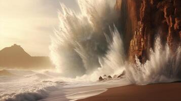 Tsunami Wellen Absturz gegen hoch aufragend Cliff einschicken foto