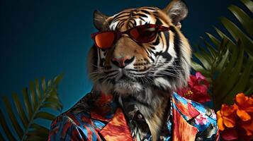 Tiger ein trippy hawaiisch Hemd und Sonnenbrille halber Körper, ai generativ foto