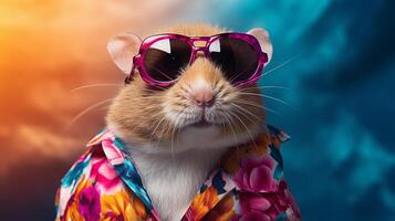 Hamster hawaiisch Hemd und Sonnenbrille Zeitschrift Abdeckung, ai generativ foto