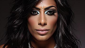 Nahansicht Porträt von ein Transgender Individuell im ein reflektierend Stimmung.. generativ ai foto