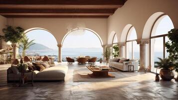 geräumig Leben Zimmer im ein Luxus Spanischer Stil Villa, geschmückt mit stilvoll Möbel, kompliziert Fliesenarbeit, und vom Boden bis zur Decke Fenster präsentieren Panorama- Ozean Ansichten. generativ ai foto