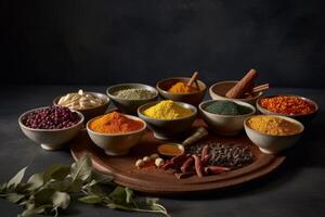 ein ausrichten von ayurvedisch Superfoods mögen Kurkuma, Ashwagandha, brahmi und Amalaki. gestylt wie bunt Heilmittel zu Unterstützung Gesundheit und Langlebigkeit. generativ ai foto