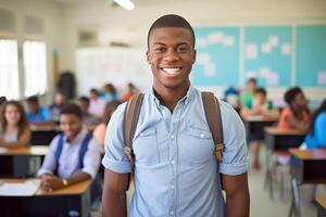 jung männlich Schüler lächelnd zuerst Tag von koedukativ Klasse. generativ ai foto