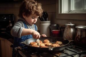 braten latkes im ein Bratpfanne, Züge von Mehl und Öl Spinnennetz aus auf zu das Herd. das Koch umdrehen das Kartoffel Pfannkuchen mit ein Spatel, Kinder eifrig spähen Innerhalb das Bratpfanne. generativ ai foto