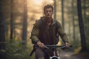 seitwärts Schuss von attraktiv glücklich jung europäisch Radfahrer im schützend Ausrüstung Sitzung unter Baum mit seine zweirädrig motorbetrieben Fahrzeug und Nachdenken tolle wild Natur A, generativ ai foto