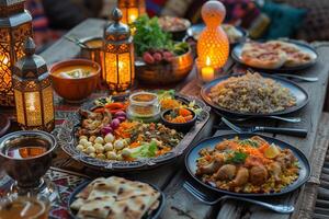 ai generiert traditionell iftar Mahlzeit Konfiguration foto