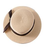 kleinkrempig Stroh Bootsfahrer Hut mit schwarz Band. Canotier - - Sommer- Französisch Stroh Hut von starr gestalten mit ein zylindrisch Krone und gerade, lieber eng Rand. foto