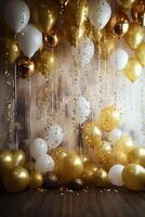 Gold und Weiß Luftballons mit Gold Konfetti fallen Nieder Über schwarz Hintergrund. Neu Jahr, Geburtstag oder Hochzeit Feier generiert.ai foto