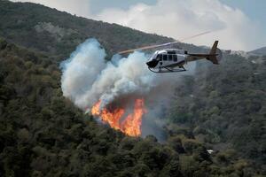 ai generiert un Hubschrauber Kämpfe Wald Feuer auf Libanon Rand foto