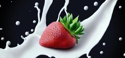 ai generativ Erdbeere Milch planschen mit Erdbeere isoliert auf schwarz Hintergrund. Erdbeere fallen in Rosa Milch oder Joghurt cremig Flüssigkeit trinken Spritzen. milchig Spritzen mit Erdbeeren gegen b foto