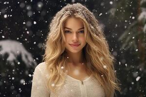 ai generiert Porträt von schön jung Frau Stehen unter das Schnee beim Winter Zeit foto