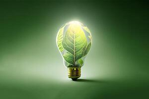 Energie Speichern Öko LED Lampen mit Grün Blätter auf Grün Hintergrund. Erhaltung von Erde Ressourcen. minimal Natur Konzept. Ökologie Konzept. generativ ai foto