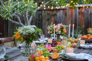 Sommer- Soiree festlich Dekorationen, funkeln Beleuchtung, und Tabellen geschmückt mit frisch Früchte und Blumen, Rahmen das Szene zum ein herrlich draussen Versammlung unter das Sommer- Star foto