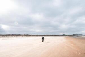 Mann Spaziergänge auf ein sandig Strand im das Gesicht von hoch Winde in der Nähe von Blankenberge, Westen Küste von Belgien. erkunden und entdecken Belgien foto